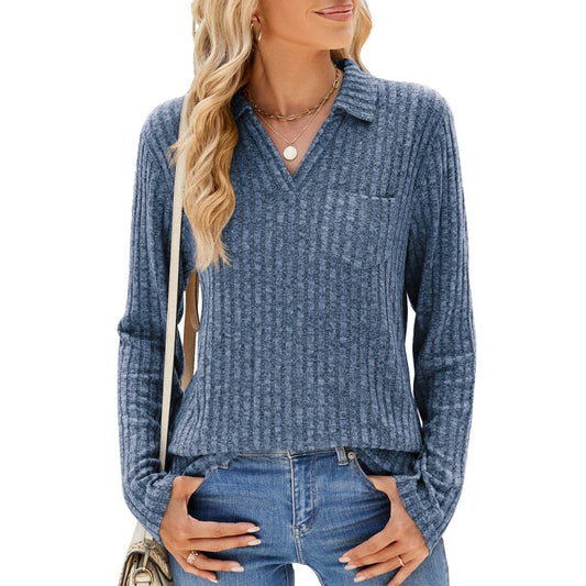 Women Long Sleeve Solid Color Collared Shirt, Casual Loose Fit Top with Pockets for Autumn and Winter