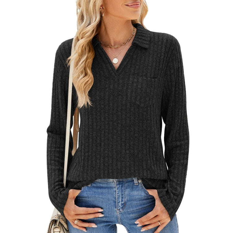 Women Long Sleeve Solid Color Collared Shirt, Casual Loose Fit Top with Pockets for Autumn and Winter