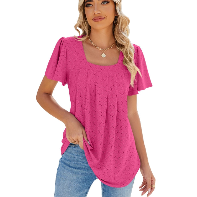 Spring and Summer Square Neck Pleated Short Sleeve Ladies Loose T-Shirt Top