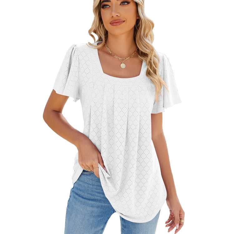 Spring and Summer Square Neck Pleated Short Sleeve Ladies Loose T-Shirt Top