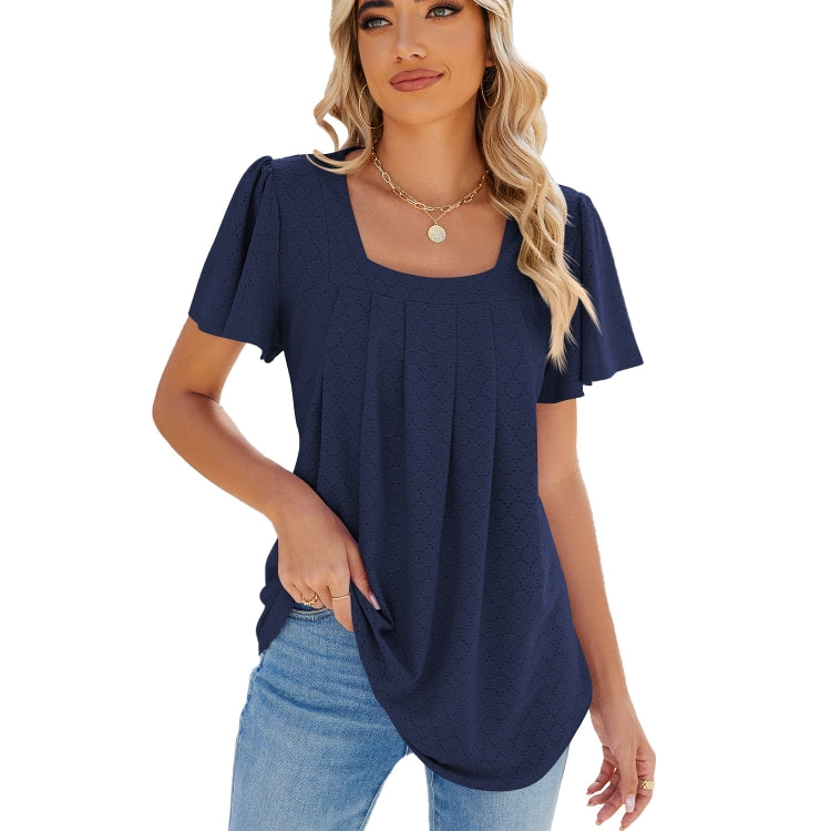 Spring and Summer Square Neck Pleated Short Sleeve Ladies Loose T-Shirt Top