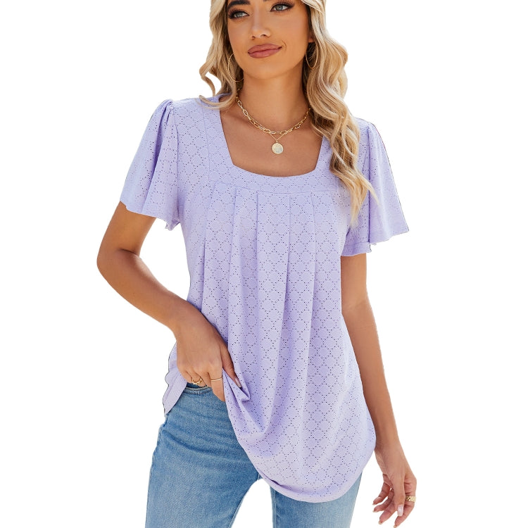 Spring and Summer Square Neck Pleated Short Sleeve Ladies Loose T-Shirt Top