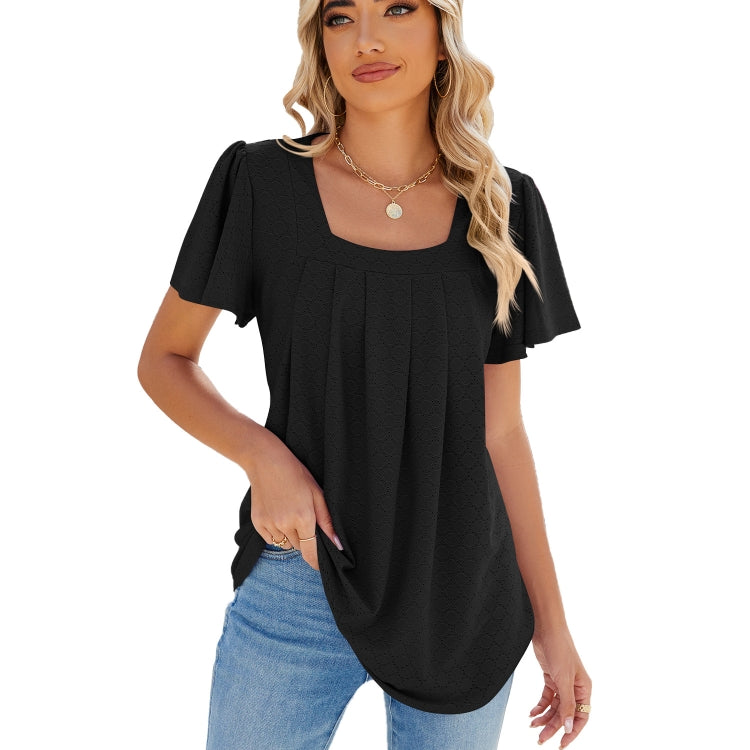 Spring and Summer Square Neck Pleated Short Sleeve Ladies Loose T-Shirt Top My Store