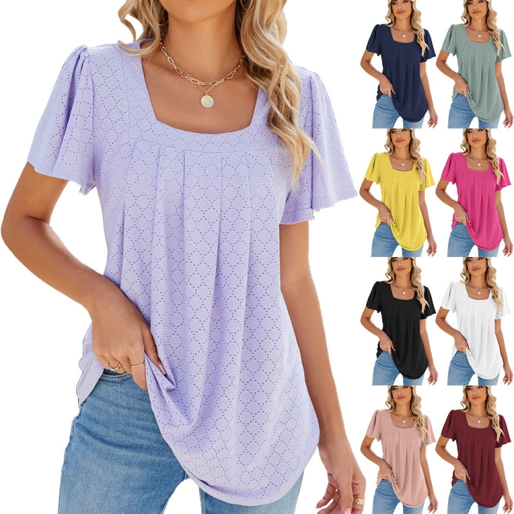 Spring and Summer Square Neck Pleated Short Sleeve Ladies Loose T-Shirt Top