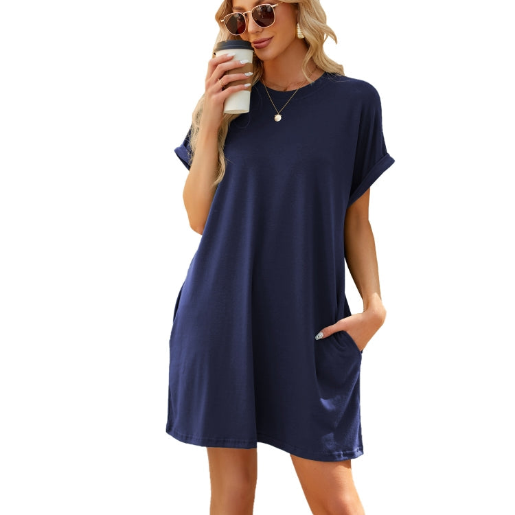 Women Spring Summer Round Neck Pocket Loose Short Sleeve Dress