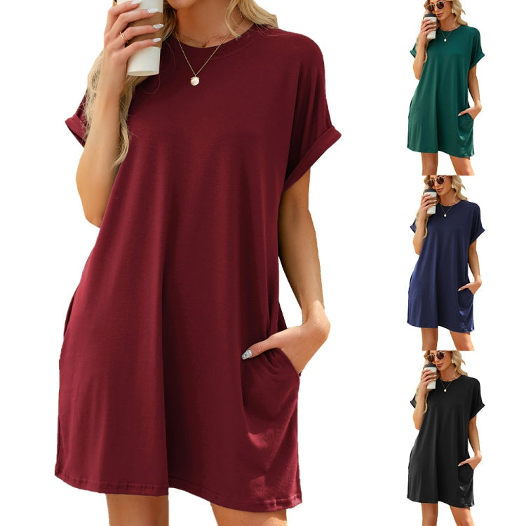 Women Spring Summer Round Neck Pocket Loose Short Sleeve Dress