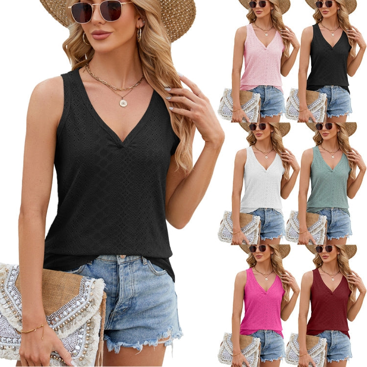 Women Eyelet Tank Tops Solid Color V-Neck Loose Fit Bottoming Vest T-Shirt