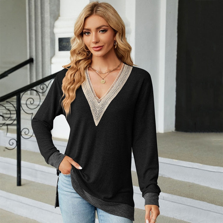 Autumn Winter Hollow Lace V-neck Color-blocked Split Loose Long-sleeved T-shirt