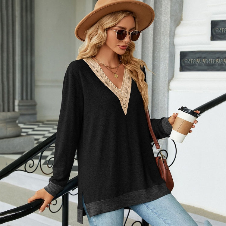 Autumn Winter Hollow Lace V-neck Color-blocked Split Loose Long-sleeved T-shirt