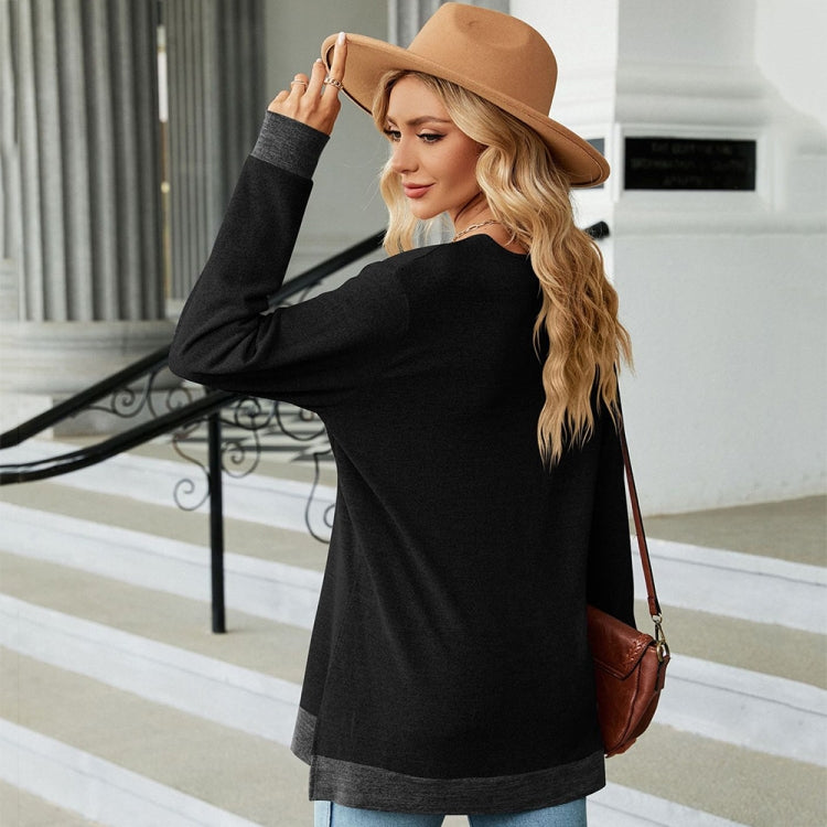 Autumn Winter Hollow Lace V-neck Color-blocked Split Loose Long-sleeved T-shirt