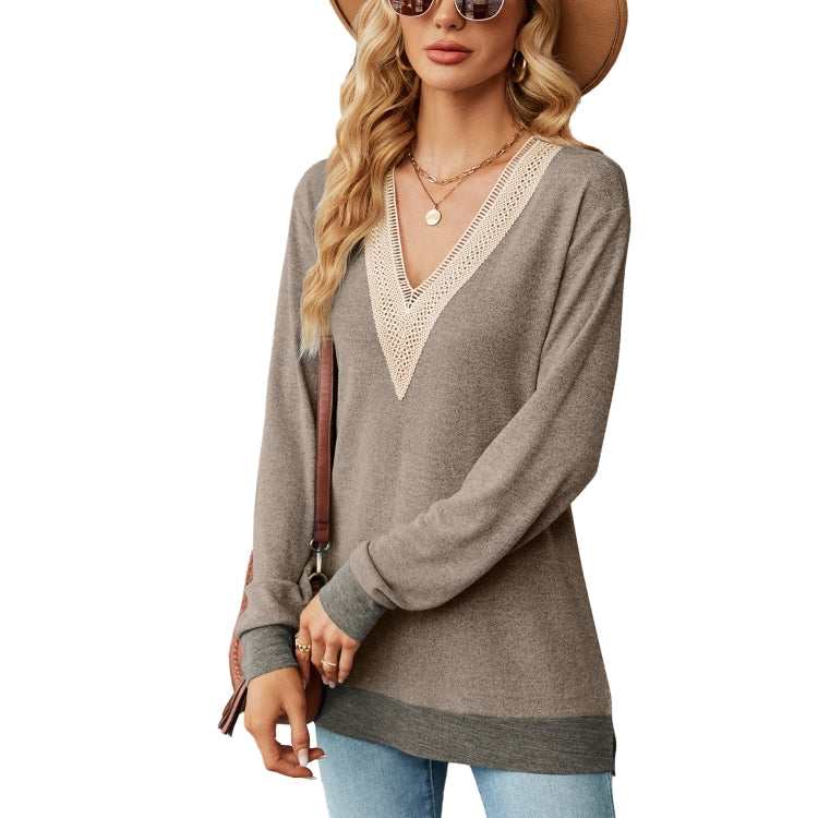 Autumn Winter Hollow Lace V-neck Color-blocked Split Loose Long-sleeved T-shirt