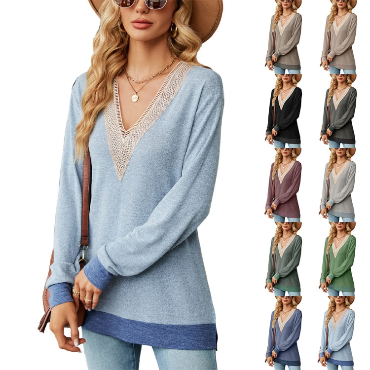 Autumn Winter Hollow Lace V-neck Color-blocked Split Loose Long-sleeved T-shirt