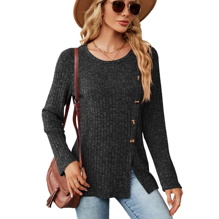 Autumn And Winter Round Neck Button Split Loose Long-Sleeved T-Shirt Top