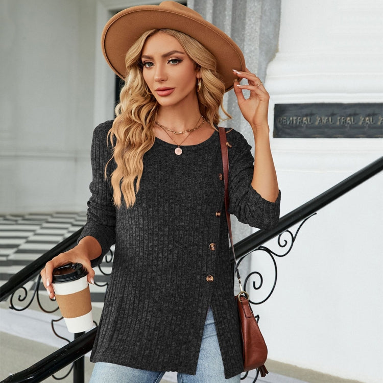 Autumn And Winter Round Neck Button Split Loose Long-Sleeved T-Shirt Top