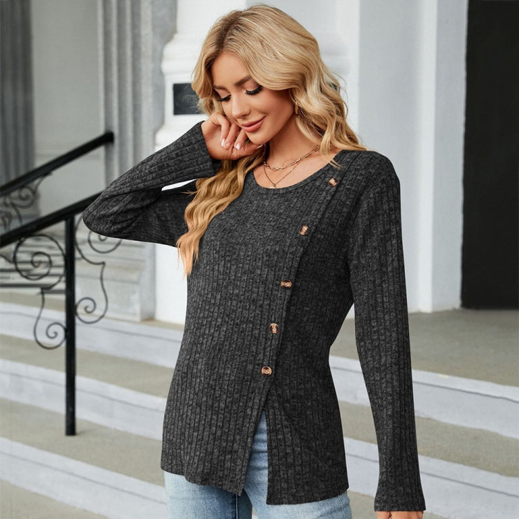 Autumn And Winter Round Neck Button Split Loose Long-Sleeved T-Shirt Top My Store