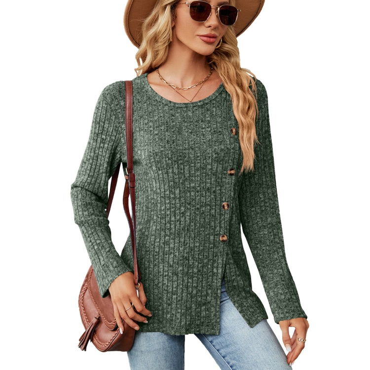 Autumn And Winter Round Neck Button Split Loose Long-Sleeved T-Shirt Top My Store