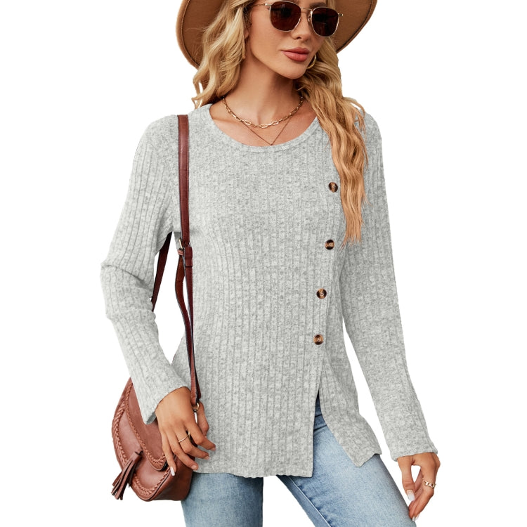 Autumn And Winter Round Neck Button Split Loose Long-Sleeved T-Shirt Top My Store