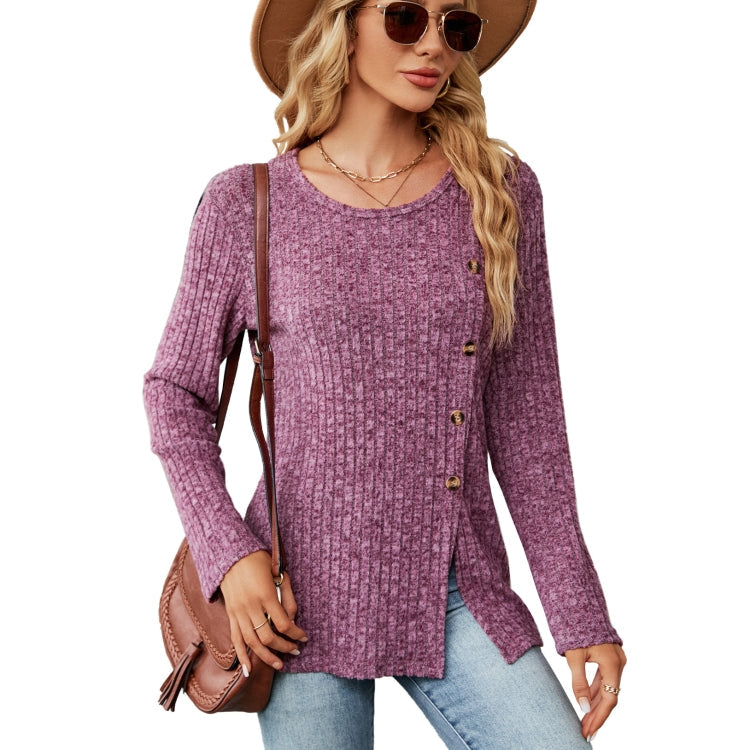 Autumn And Winter Round Neck Button Split Loose Long-Sleeved T-Shirt Top