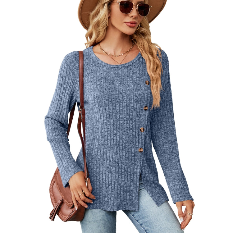 Autumn And Winter Round Neck Button Split Loose Long-Sleeved T-Shirt Top