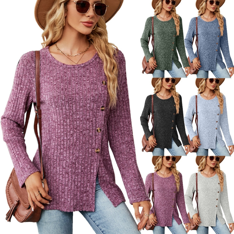 Autumn And Winter Round Neck Button Split Loose Long-Sleeved T-Shirt Top My Store