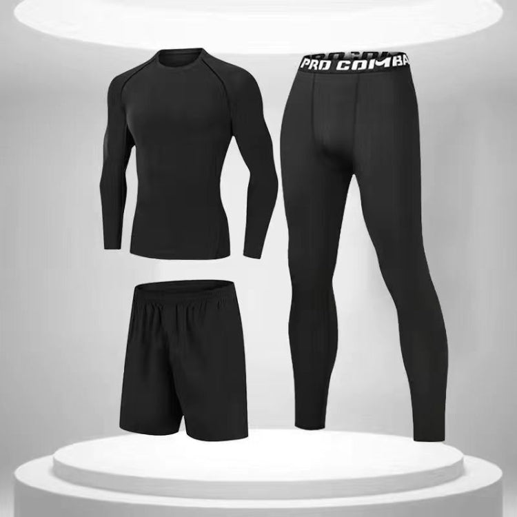 3pcs / Set Men Gym Running Clothes Set Long-Sleeved Quick-Drying Sports Suit, Size: L(Phantom Black)-Reluova