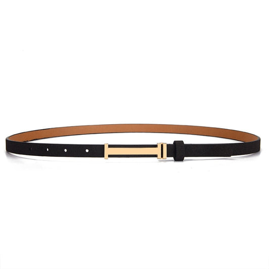 90cm Women Adjustable Leather Decorative Belt Casual Jeans Gold Buckle Thin Belt(Black)-Reluova