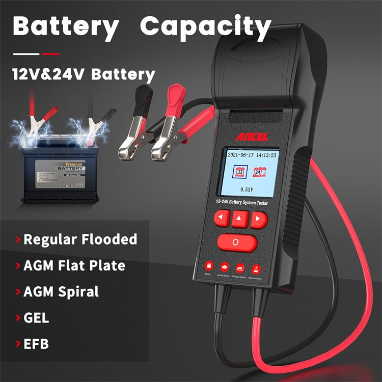 ANCEL 12V/24V Printer-Type Car Battery Tester Battery Power CCA Internal Resistance Life Detector