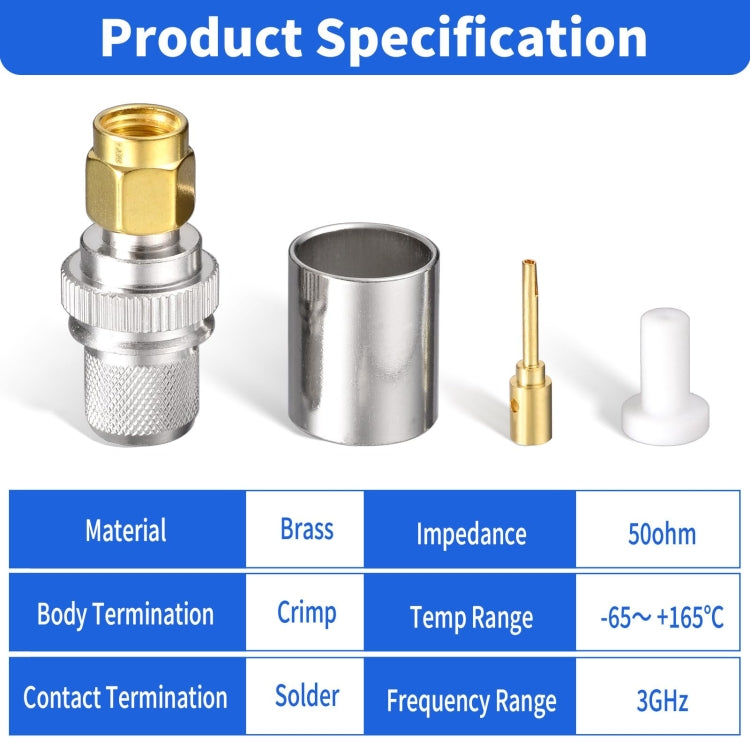 10pcs /Pack RP-SMA Male Crimp Solder Connector For LMR-400 / Belden-9913 / RG8 / RG213 Coaxial Cable