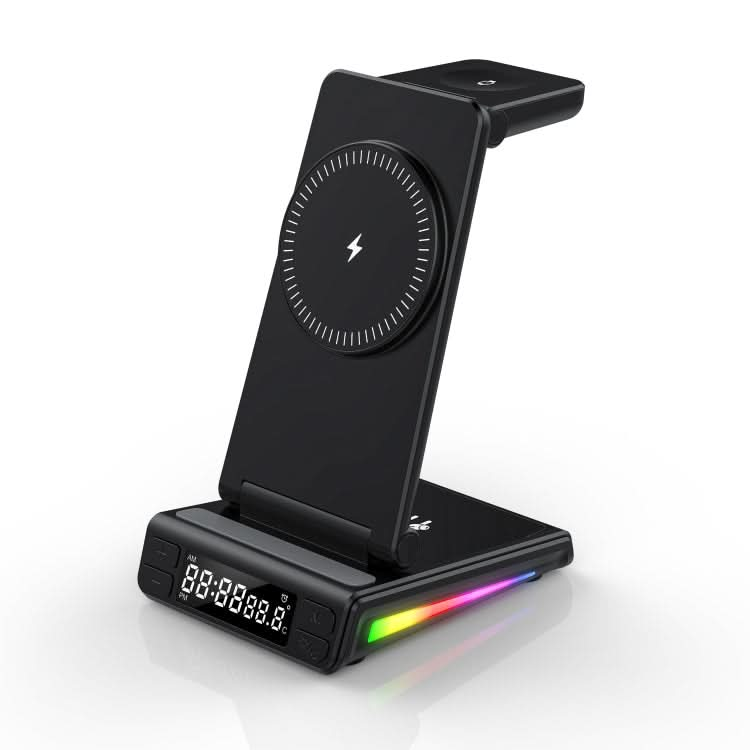 5-in-1 Desktop Magnetic Wireless Charger with Clock and Temperature Display for Smartphones / Watches / Earphones