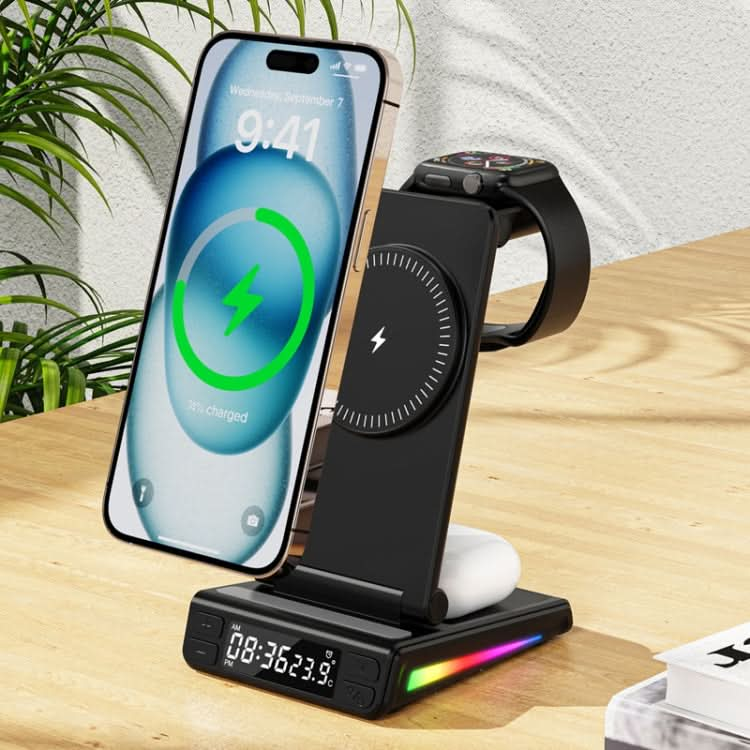 5-in-1 Desktop Magnetic Wireless Charger with Clock and Temperature Display for Smartphones / Watches / Earphones