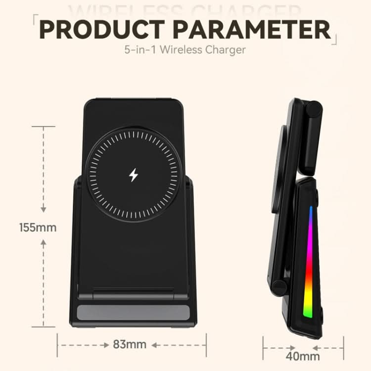 5-in-1 Desktop Magnetic Wireless Charger with Clock and Temperature Display for Smartphones / Watches / Earphones