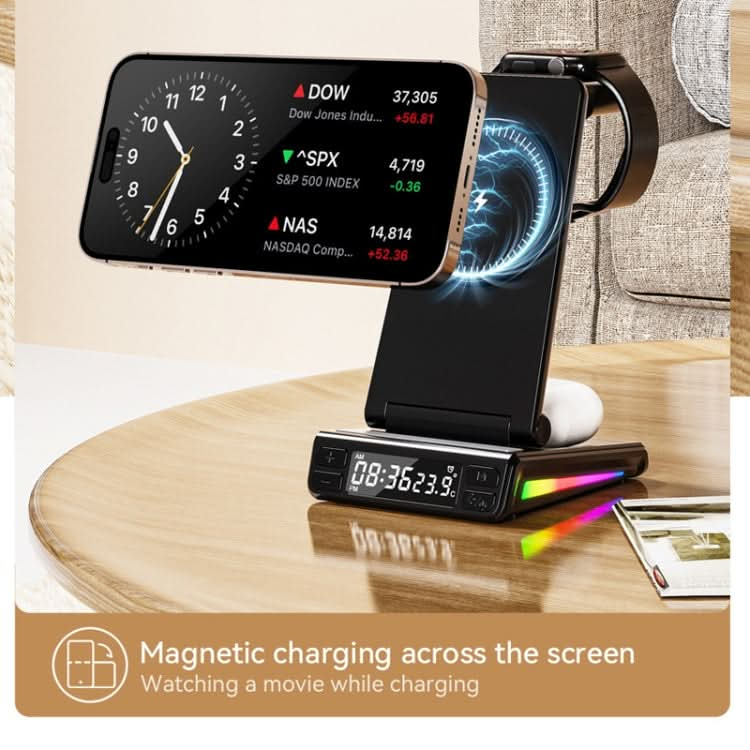 5-in-1 Desktop Magnetic Wireless Charger with Clock and Temperature Display for Smartphones / Watches / Earphones