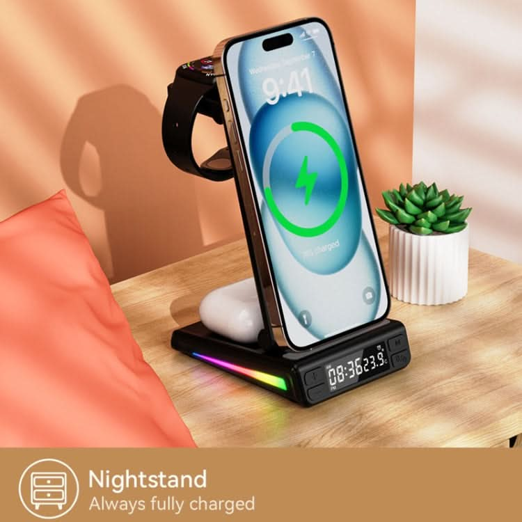 5-in-1 Desktop Magnetic Wireless Charger with Clock and Temperature Display for Smartphones / Watches / Earphones