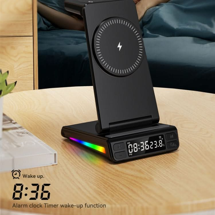 5-in-1 Desktop Magnetic Wireless Charger with Clock and Temperature Display for Smartphones / Watches / Earphones