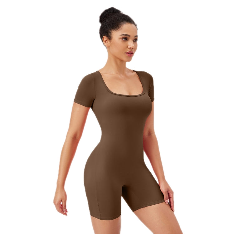 Women Square Neck Tight Quick-drying Yoga Short-sleeved Jumpsuit