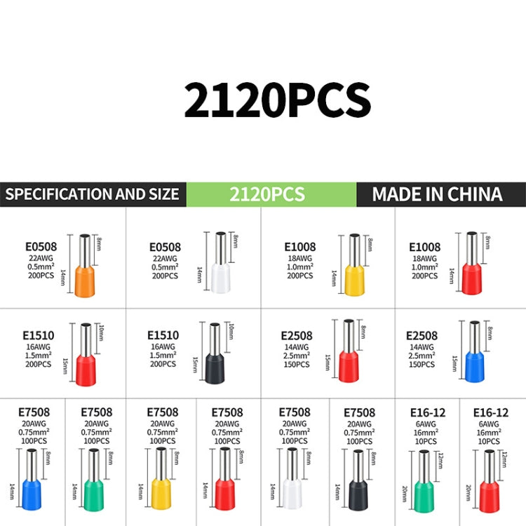 2120pcs /Set 0.5-16MM European Style Tube Type Wiring Cold Press Terminal Set