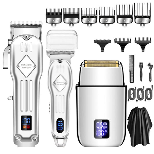 3pcs /Set Men Home Hair Salon High-power Hair Clipper(Silver)-Reluova