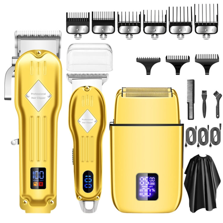 3pcs /Set Men Home Hair Salon High-power Hair Clipper(Gold)-Reluova