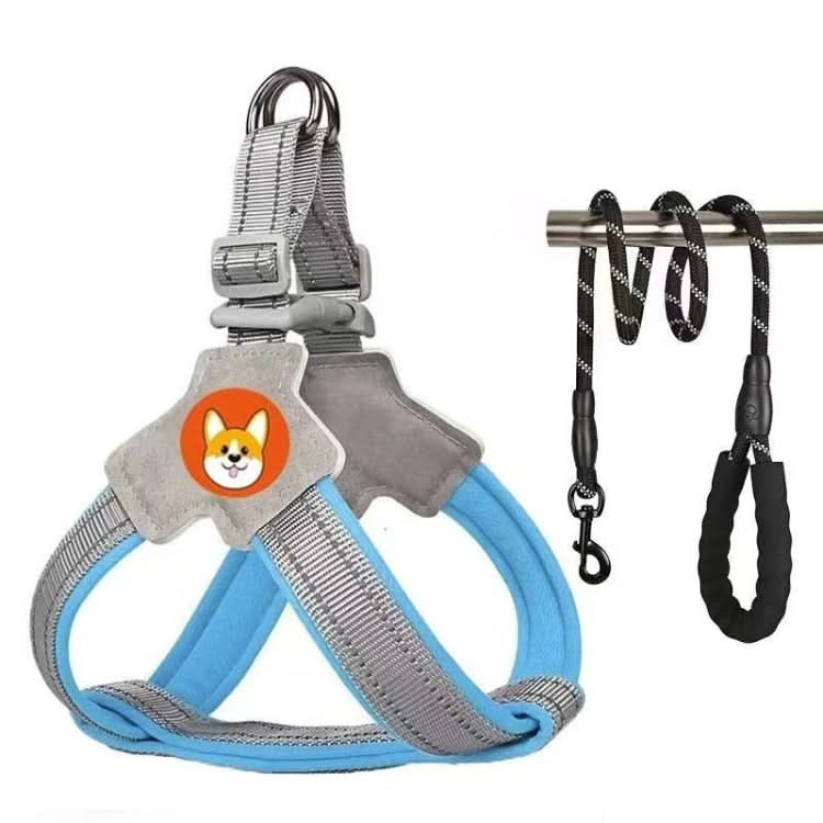 Blue breathable reflective dog harness with side hanging ring and carabiner, includes 2m round rope leash, size large.