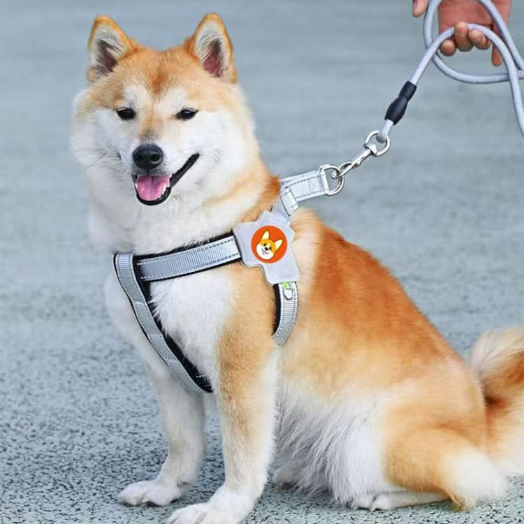 Dog wearing a reflective chest harness with leash, featuring a side hanging ring and carabiner for secure attachment.