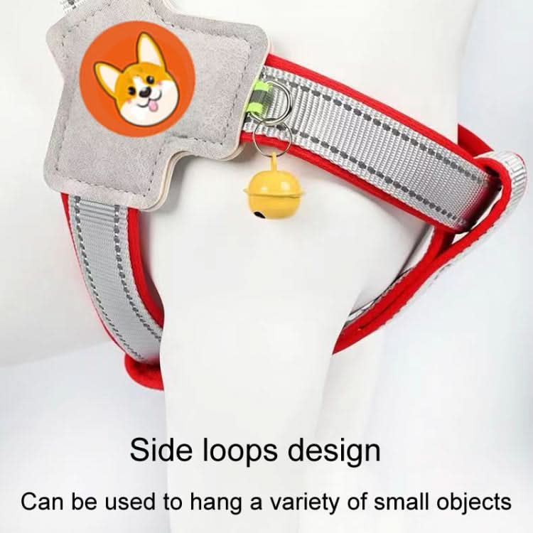 Saddle style pet chest harness with side loops for hanging items, shown in red and gray with a bell, ideal for dogs.