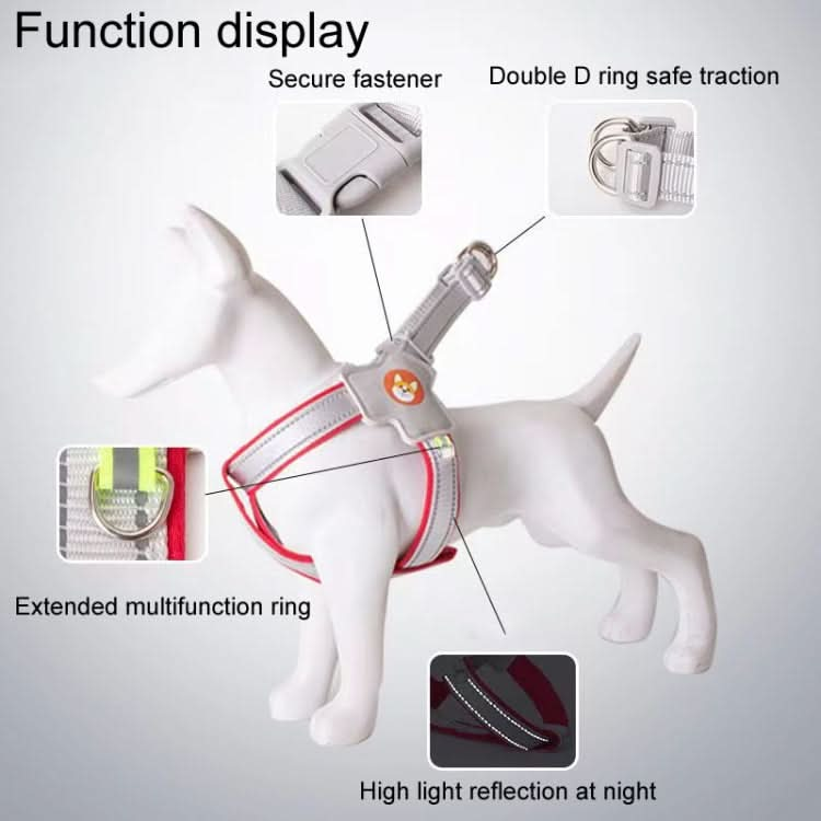 Display of dog harness features, including secure fastener, double D ring, reflective material, and multifunction ring for safety.