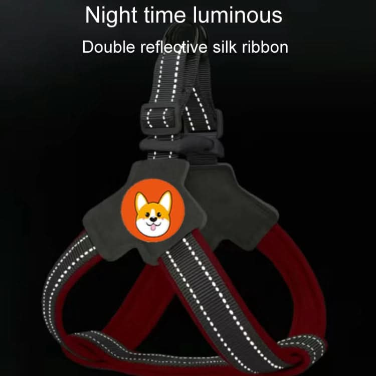 Reflective dog harness with double silk ribbon and cute dog emblem, ideal for night time visibility and safety.