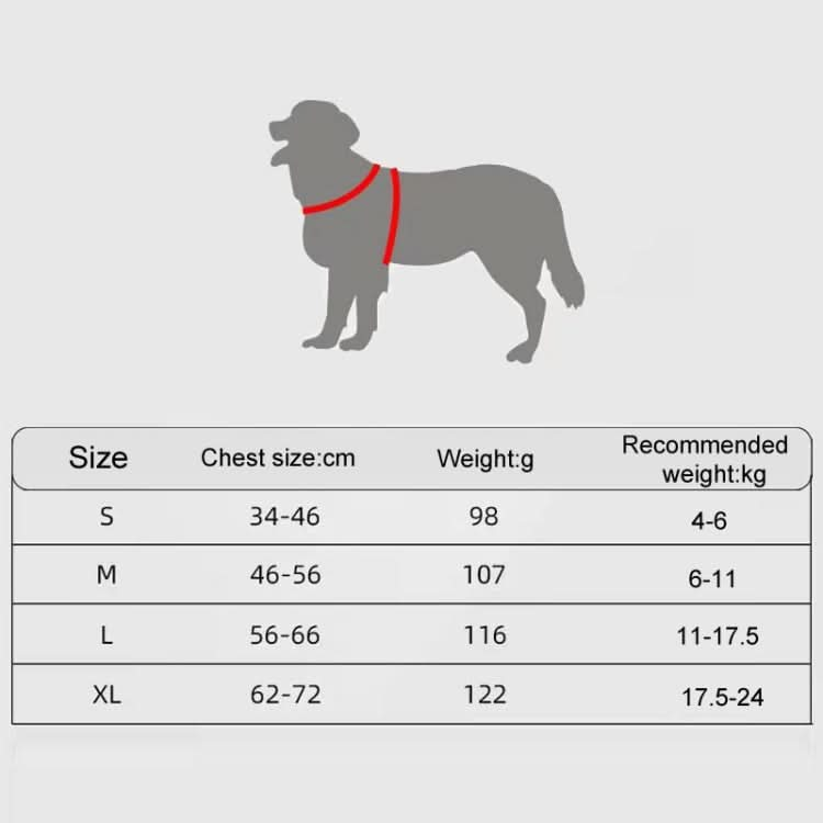 Dog harness size chart with measurements for small, medium, large, and extra-large, including chest size, weight, and recommended dog weight.