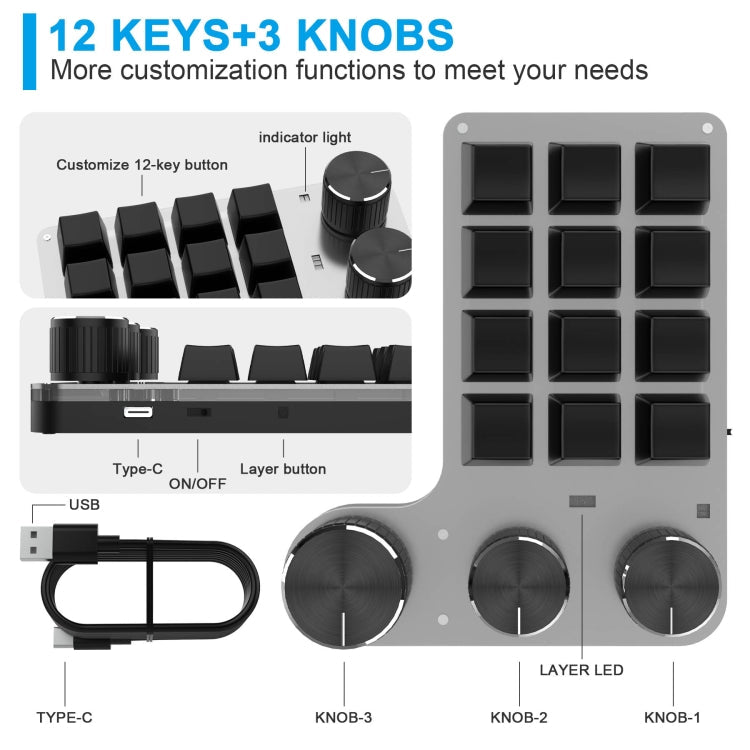 3 Knobs Wired 12 Keys Customized Drawing Programming Keypad With Volume Modulation