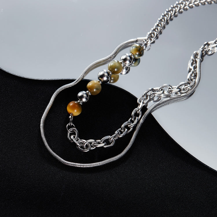 Personalized Simple Stainless Steel Double Layer Chain Splicing Tiger Eye Stone Necklace My Store