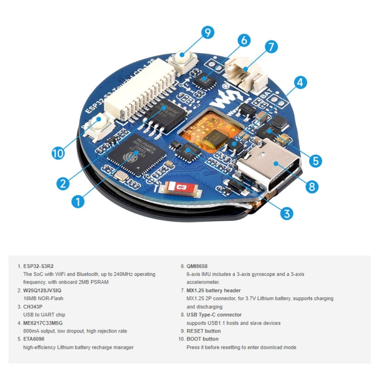 Waveshare 25098 ESP32-S3 1.28-Inch Round Touch LCD Development Board Reluova