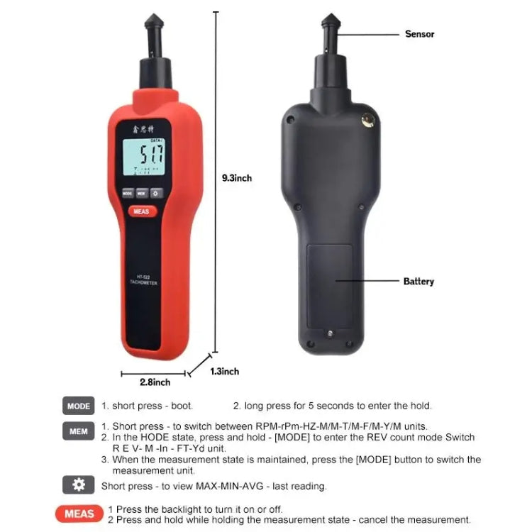 Xinsite HT-522 LCD Digital Tachometer 100,000 PPM Non-Contact Speed Meter