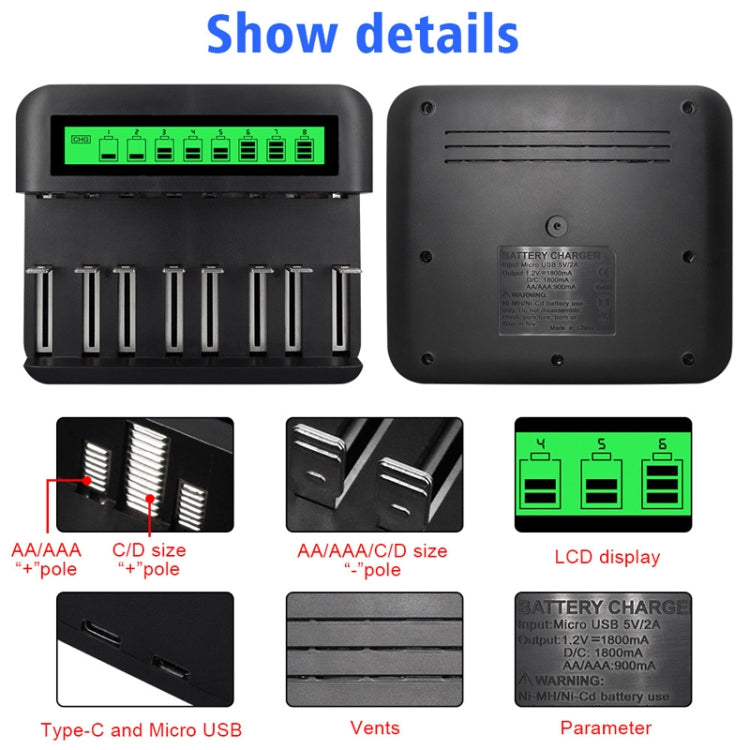 Eight-Slot LCD Multifunctional Battery Charger AA / AAA / C / D Charger Reluova