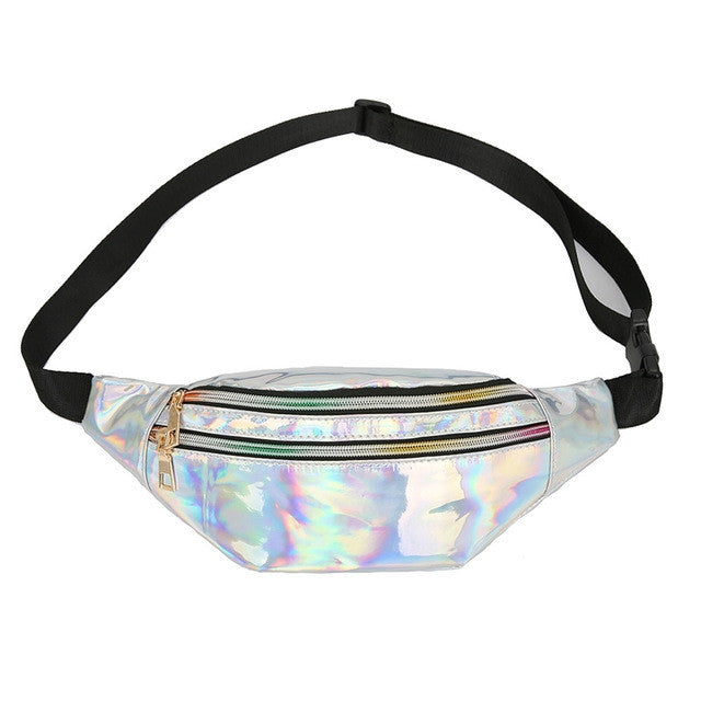 Women Punk Laser Glossy PU Double Zipper Chest Bag Casual Waist Bag Reluova